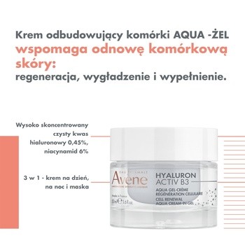 Avene Eau Thermale Hyaluron Active B3, krem odbudowujący komórki aqua-żel, 50 ml