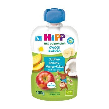 Hipp, mus, jabłka, banany, mango, kokos, BIO, 6m+, 100 g