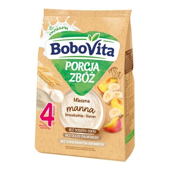 BoboVita Porcja Zbóż, kaszka mleczna, bananowo-brzoskwiniowa, manna, 4m+, 210 g
