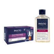 Zestaw Phytocyane, szampon uzupełniający kurację przeciw wypadaniu włosów dla kobiet, 250 ml + kuracja przeciw wypadaniu włosów dla kobiet, 12 ampułek x 5 ml