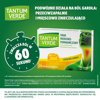 Tantum Verde smak miodowo-pomarańczowy, 3 mg, pastylki twarde, 20 szt.