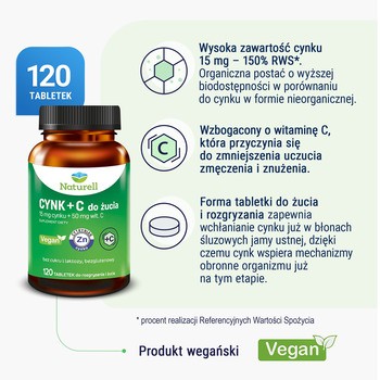Naturell Cynk+C, tabletki do rozgryzania i żucia, 120 szt.