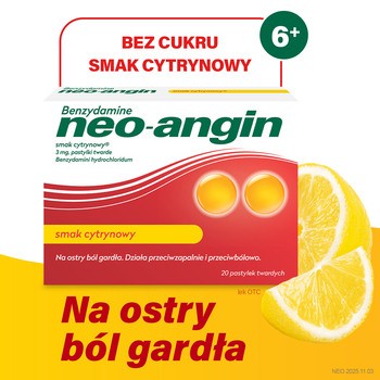 Benzydamine neo-angin smak cytrynowy, 3mg, pastylki twarde, 20 szt.