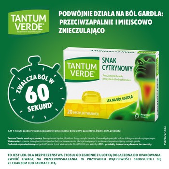 Tantum Verde smak cytrynowy, 3 mg, pastylki twarde, 20 szt.