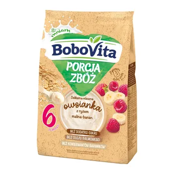 BoboVita Porcja Zbóż, delikatna mleczna owsianka z ryżem malina-banan, 6 m+, 210 g