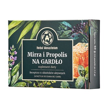 Herbal Pharmaceuticals, Mirra i Propolis na Gardło bez cukru, pastylki do ssania, 24 szt.