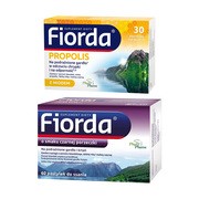 Zestaw Fiorda Propolis, pastylki do ssania, smak miodu i propolisu, 30 szt. + Fiorda, pastylki do ssania o smaku czarnej porzeczki, 60 szt.