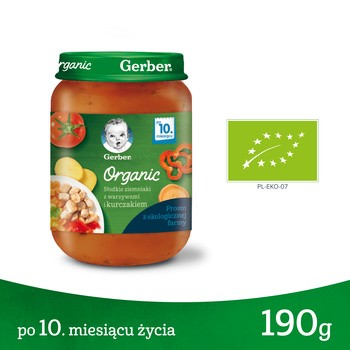 Gerber Organic, słodkie ziemniaki z warzywami i kurczakiem, 10 m+, 190 g