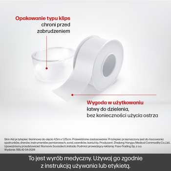 Skin Aid, przylepiec tkaninowy do cięcia, 1,25 cm x 4 m, 1 szt.