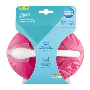 Canpol Babies, miska z łyżeczką i pokrywką Krówka, 350 ml, różowa, 1 szt.