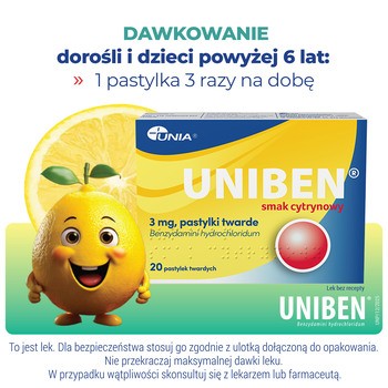 Uniben smak cytrynowy, 3 mg, pastylki twarde, 20 szt.