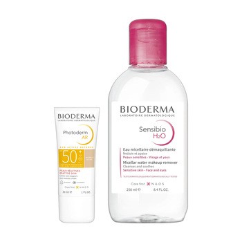 Zestaw Bioderma, Photoderm AR, krem tonujący koloryzujący SPF 50+ do skóry naczyniowej, kolor naturalny, 30 ml + Sensibio H2O, woda micelarna do oczyszczania i demakijażu skóry wrażliwej, 250 ml