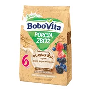 BoboVita Porcja Zbóż, delikatna mleczna owsianka z ryżem jagoda, jeżyna, truskawka, 6 m+, 210 g
