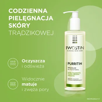 Iwostin Purritin, aktywny żel do mycia twarzy, skóra tłusta i trądzikowa, 300 ml