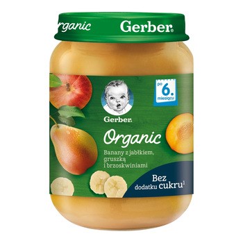 Gerber Organic, banany z jabłkiem, gruszką i brzoskwiniami, 6 m+, 190 g