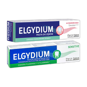 Zestaw Elgydium, pasta do zębów na podrażnione dziąsła, 75 ml + Elgydium Sensitive, pasta do zębów w żelu, 75 ml
