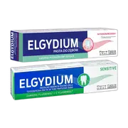 Zestaw Elgydium, pasta do zębów na podrażnione dziąsła, 75 ml + Elgydium Sensitive, pasta do zębów w żelu, 75 ml