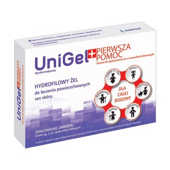 UniGel Pierwsza Pomoc, zestaw do opatrywania ran, żel, 5 g + opatrunki