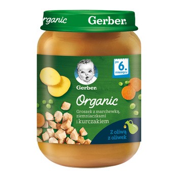 Gerber Organic, groszek z marchewką ziemniaczkami i kurczakiem, 6 m+, 190 g