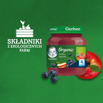 Gerber Organic, jabłko, jagoda, 4 m+, 125 g