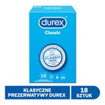 Durex Classic, prezerwatywy ze środkiem nawilżającym, 18 szt.