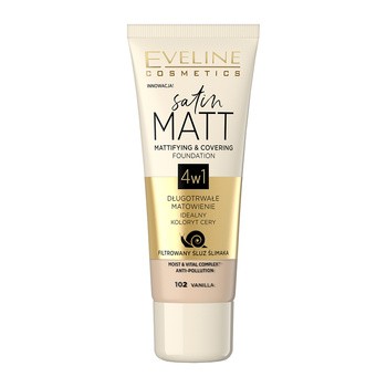 Eveline Cosmetics Satin Matt, matująco-kryjący podkład do twarzy nr 102 w kolorze Vanilla, 30 ml
