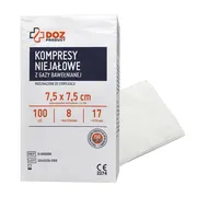 DOZ PRODUCT, kompresy niejałowe z gazy bawełnianej, 17-nitkowe, 8-warstwowe, 7,5 cm x 7,5 cm, 100 szt.