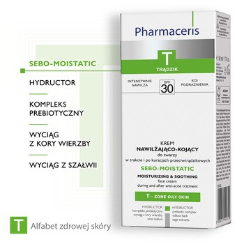 Pharmaceris T Sebo-Moistatic, krem nawilżająco-kojący do twarzy, SPF 30, 50 ml