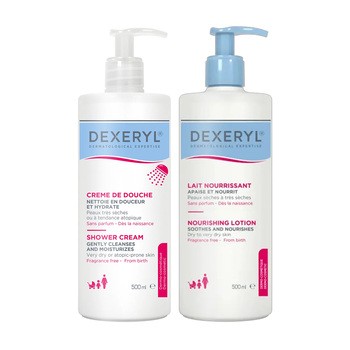 Zestaw Dexeryl, mleczko odżywcze, 500 ml + krem pod prysznic, 500 ml