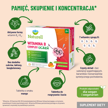 Naturell B Complex Uczeń, tabletki do rozgryzania i żucia, smak mango, 60 szt.