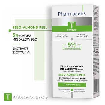 Pharmaceris T Sebo-Almond Peel 5%, krem z 5% kwasem migdałowym, na noc, I stopień złuszczania, 50 ml