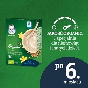 Gerber Organic, kaszka, pszenno-owsiana, waniliowa, 6 m+,  240 g