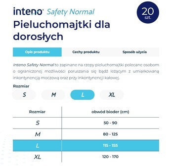 Inteno Safety Normal, pieluchomajtki dla dorosłych, XL, 15 szt.