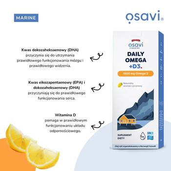 Osavi Daily Omega 1600 mg Omega 3 + D3, cytrynowy, płyn, 250 ml
