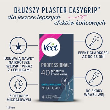 Veet Easy-Gel, plastry do depilacji z woskiem dla skóry wrażliwej, 40 szt.