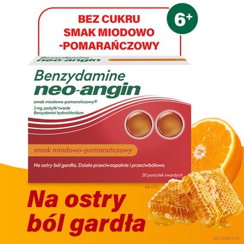 Benzydamine neo-angin smak miodowo-pomarańczowy, 3 mg, pastylki, 20 szt.