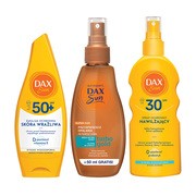 Zestaw DAX Sun, emulsja ochronna dla skóry wrażliwej, SPF 50+, 160 ml + nawilżający spray ochronny SPF 30, 200 ml + Turbo Gold, przyspieszacz opalania do twarzy i ciała, 200 ml