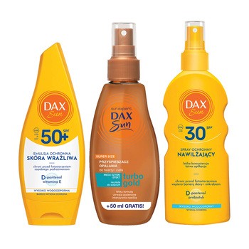 Zestaw DAX Sun, emulsja ochronna dla skóry wrażliwej, SPF 50+, 160 ml + nawilżający spray ochronny SPF 30, 200 ml + Turbo Gold, przyspieszacz opalania do twarzy i ciała, 200 ml