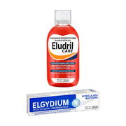 Zestaw Elgydium Whitening, pasta do zębów, wybielająca, 75 ml + Eludril Care, płyn do codziennej higieny jamy ustnej, 500 ml
