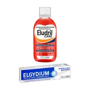 Zestaw Elgydium Whitening, pasta do zębów, wybielająca, 75 ml + Eludril Care, płyn do codziennej higieny jamy ustnej, 500 ml