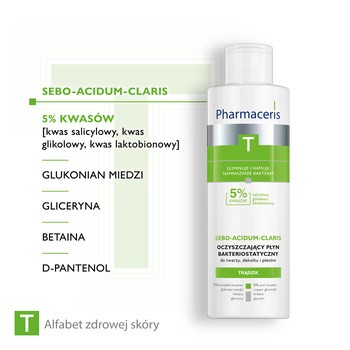 Pharmaceris T Sebo-Acidum-Claris, oczyszczający płyn bakteriostatyczny do twarzy, dekoltu i pleców, 190 ml