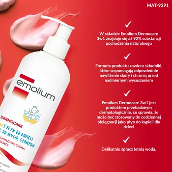 Emolium Dermocare, 3w1 płyn do kąpieli, żel do mycia, szampon, 400 ml