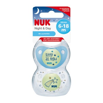 NUK, silikonowy smoczek uspokajający Night&Day, 6-18 miesięcy (boy), 2 szt.