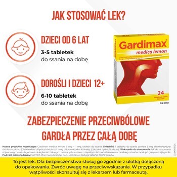 Gardimax medica lemon, 5 mg+1 mg, tabletki do ssania bez cukru, 24 szt.