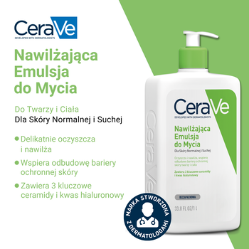 CeraVe, Nawilżająca emulsja do mycia dla skóry normalnej i suchej, 1 l