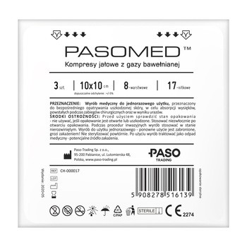Pasomed, Kompresy gazowe jałowe, 17-nitkowe, 8-warstwowe, 10 cm x 10 cm, 3 szt.