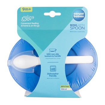 Canpol Babies, miska z łyżeczką i pokrywką Krówka, 350 ml, niebieska, 1 szt.