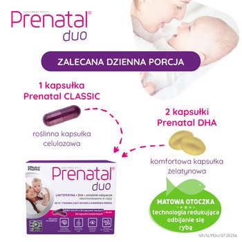 Prenatal Duo, witaminy dla kobiet w ciąży (od 13. tygodnia) i karmiących piersią, kapsułki, 60 szt.+ 30 szt. (DHA, laktoferyna, cholina)