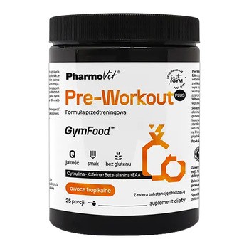 Pharmovit GymFood Pre-Workout Plus, proszek, smak owoce tropikalne, 500 g