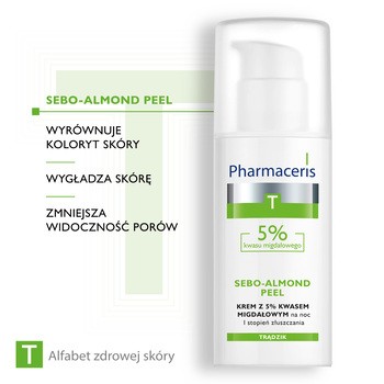 Pharmaceris T Sebo-Almond Peel 5%, krem z 5% kwasem migdałowym, na noc, I stopień złuszczania, 50 ml